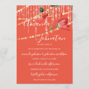 Wedding Modern Monogram Vivid Coral Lights Gold Invitation