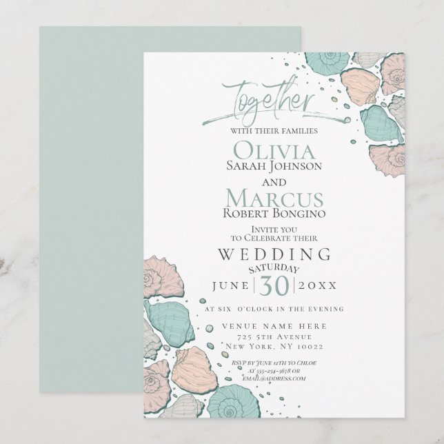 Wedding | Modern Seashells Coral Teal Green Invitation (Front/Back)