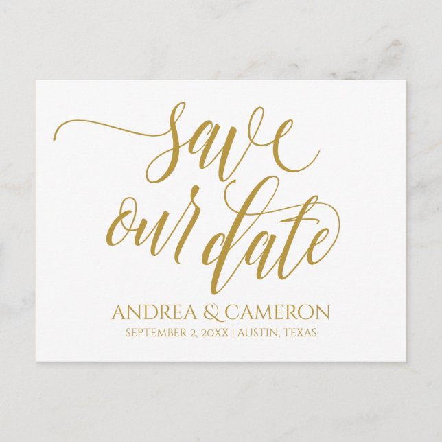 Wedding Modern Typography Save-the-Date | Gold Announcement Postcard (Front)