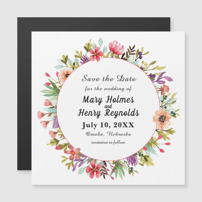 Wedding Modern Watercolor Flowers Save the Date Magnetic Invitation (Front/Back)