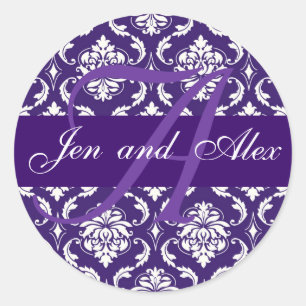 Wedding Monogram A Purple Damask Sticker