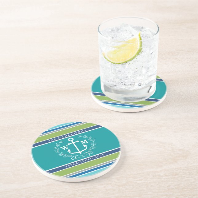 Wedding Monogram Anchor Laurel Wreath Aqua Stripes Coaster (Side)