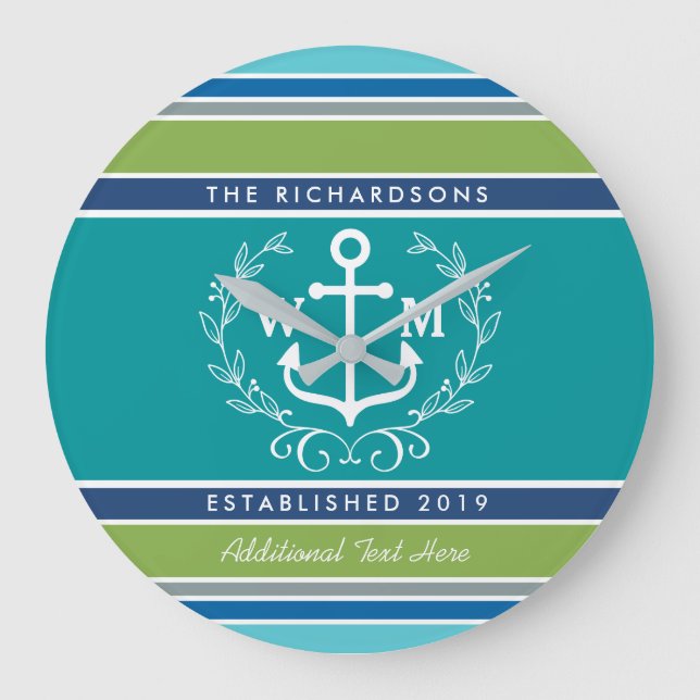 Wedding Monogram Anchor Laurel Wreath Aqua Stripes Large Clock (Front)