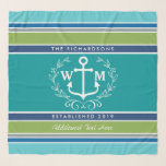 Wedding Monogram Anchor Laurel Wreath Aqua Stripes Scarf<br><div class="desc">An elegant white anchor with laurel leaf wreath is the centerpiece of this simple, trendy, colourful design featuring stylish stripes in various tones of blue, green and grey. Fresh, fun, nautical design perfect for the hot Summer season. This design is gender neutral/fluid and will work for all couples. Customize with...</div>