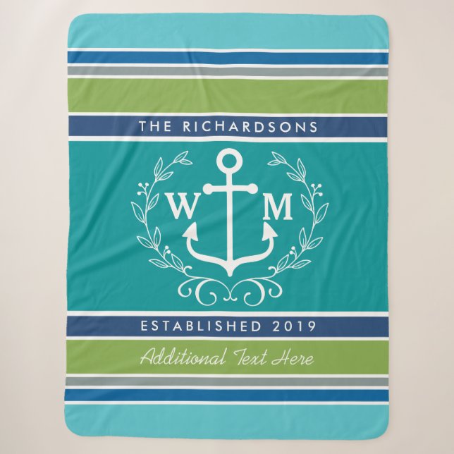 Wedding Monogram Anchor Laurel Wreath Aqua Stripes Sherpa Blanket (Front)