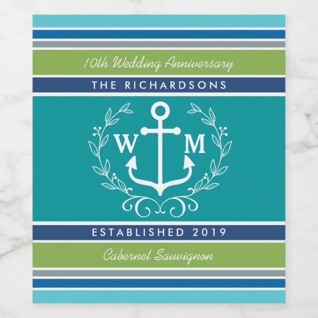 Wedding Monogram Anchor Laurel Wreath Aqua Stripes Wine Label (Single Label)