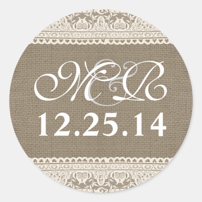 wedding monogram and date burlap lace stickers (Front)