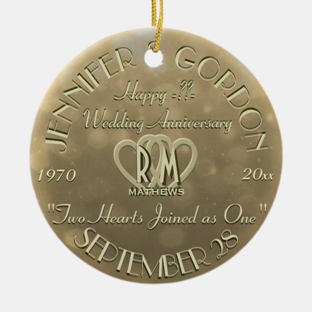 Wedding Monogram Anniversary Gold Colour Ceramic Ornament (Front)