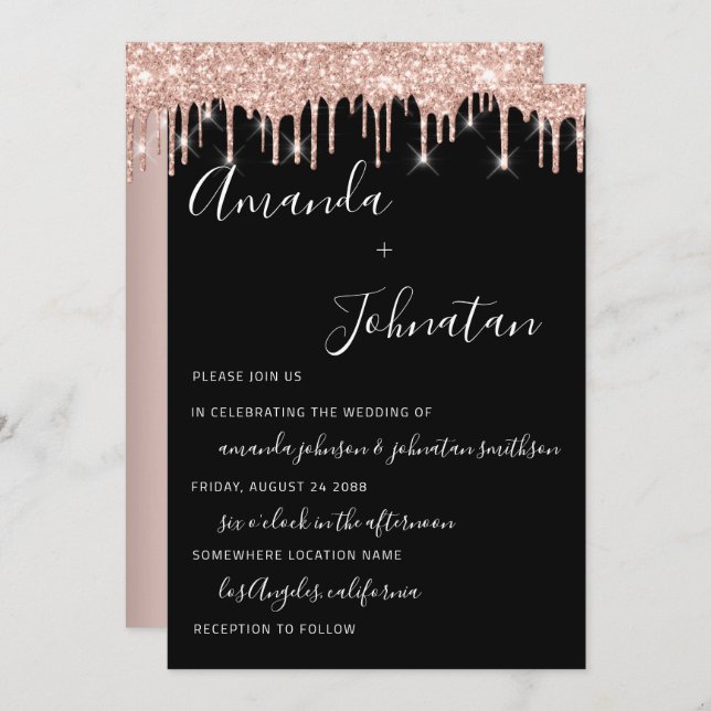 Wedding Monogram Black Rose Gold Drips Invitation (Front/Back)