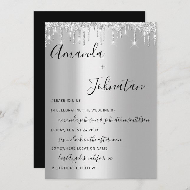 Wedding  Monogram Black Silver Drips Grey Spark Invitation (Front/Back)