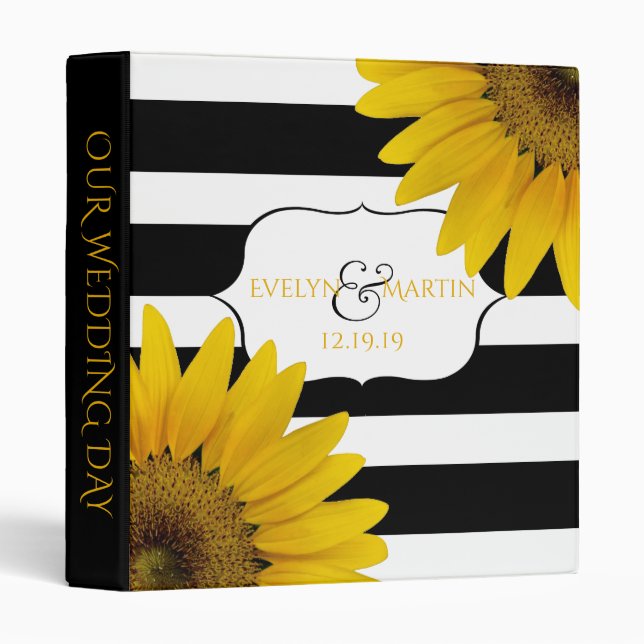 Wedding Monogram | Black White Striped Sunflowers Binder (Front/Spine)