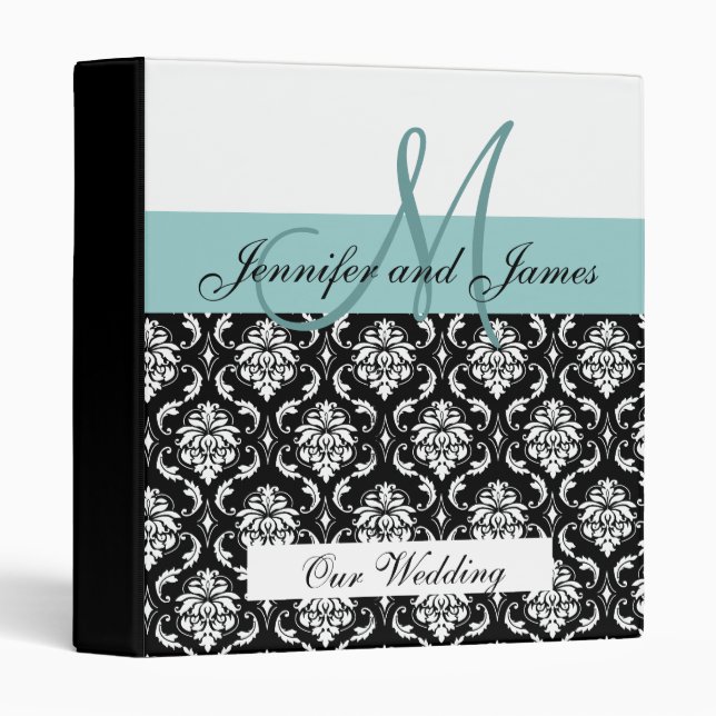 Wedding Monogram Blue Planning Damask Binder (Front/Spine)