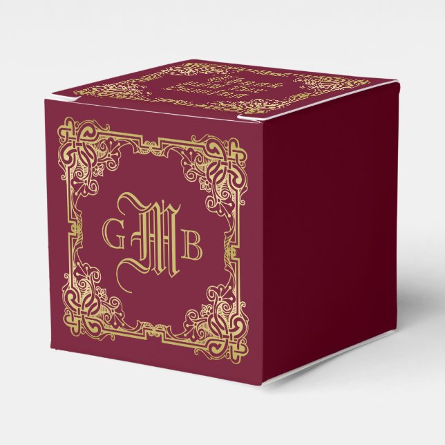 Wedding Monogram Classic Gold Frame Burgundy Favor Box (Front Side)