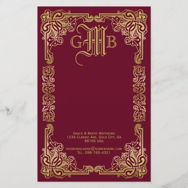 Wedding Monogram Classic Gold Frame Burgundy Stationery (Front)