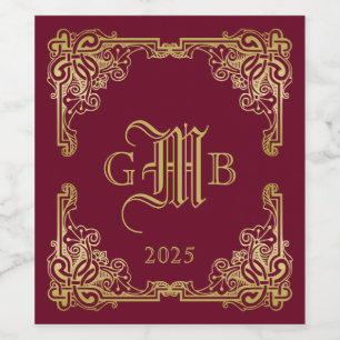Wedding Monogram Classic Gold Frame Burgundy Wine Label