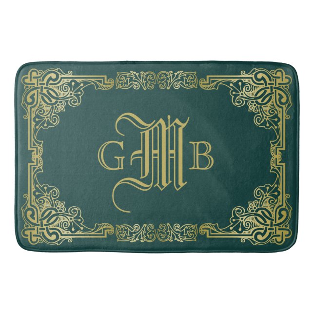 Wedding Monogram Classic Gold Frame Dark Green Bath Mat (Front)