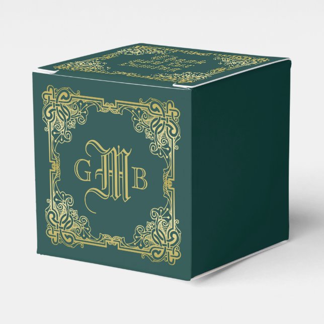 Wedding Monogram Classic Gold Frame Dark Green Favor Box (Front Side)