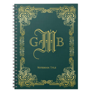 Wedding Monogram Classic Gold Frame Dark Green Notebook