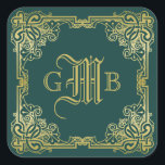 Wedding Monogram Classic Gold Frame Dark Green Square Sticker<br><div class="desc">Ornate, classical frame in gold tones with dark green background. Replace the sample monogram with your own for a personalized gift. Makes a wonderful gift for anyone who enjoys classic, timeless, traditional designs. The background colour is changeable: Simple click on the “Customize” button and pick a hue from the “Select...</div>