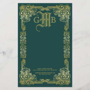 Wedding Monogram Classic Gold Frame Dark Green Stationery