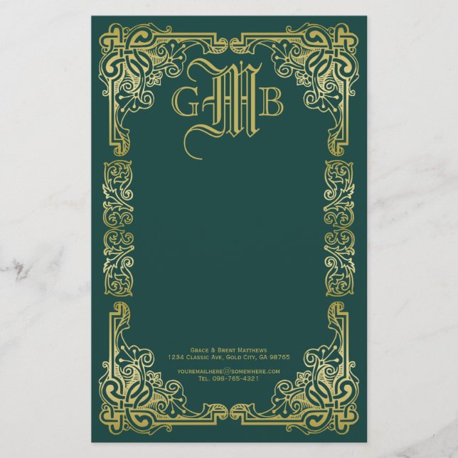 Wedding Monogram Classic Gold Frame Dark Green Stationery (Front)
