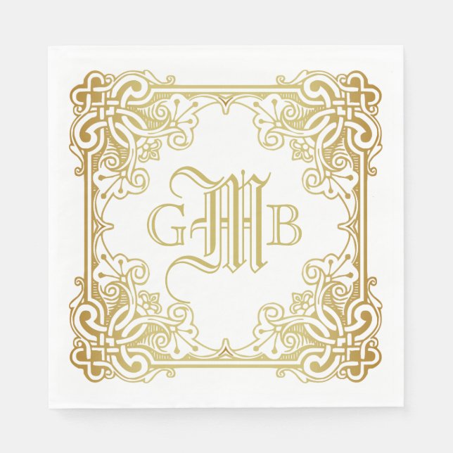 Wedding Monogram Classic Gold Frame Traditional Napkin (Front)