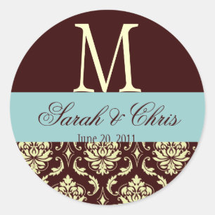 Wedding Monogram Damask Brown Blue Ivory Seal