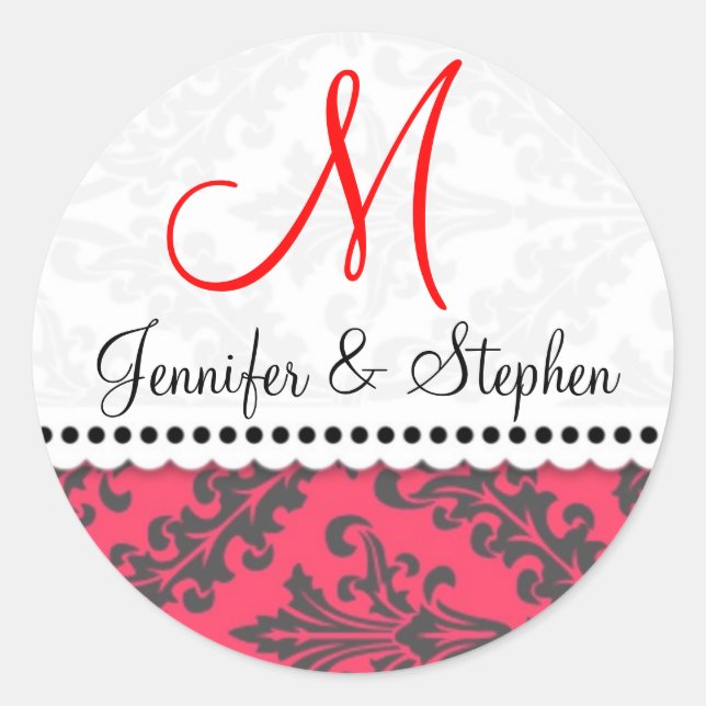 Wedding Monogram Damask Seal Stickers : : Red (Front)