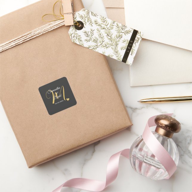 Wedding Monogram Design with Names and Date Square Sticker (Gifting)