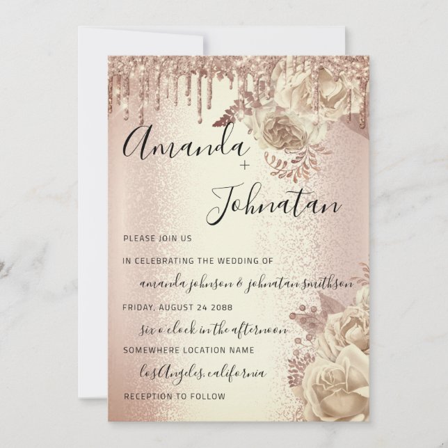 Wedding Monogram Drips Florals Ivory Rose Invitation (Front)