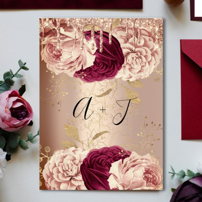 Wedding Monogram Drips Florals Marsala Rose Gold Invitation (Wedding Monogram Drips Florals Marsala Rose Gold Invitation)