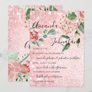 Wedding Monogram Drips Florals Mint Glitter Pink Invitation