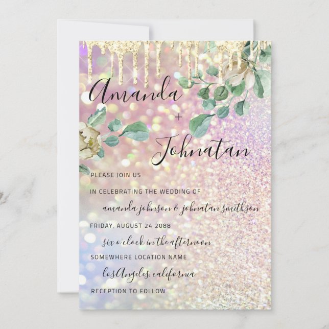 Wedding Monogram Drips Florals Mint Glitter Rose Invitation (Front)