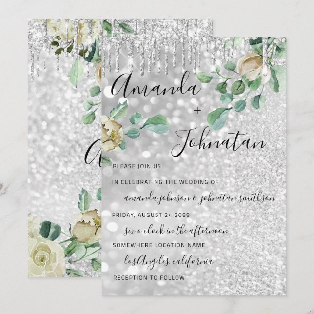 Wedding Monogram Drips Florals Mint Glitter Silver Invitation (Front/Back)