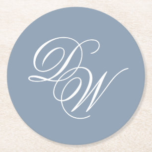 Wedding Monogram Dusty Blue Elegant Script Simple Round Paper Coaster