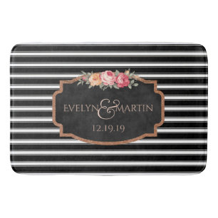 Wedding Monogram Elegant Black Stripe Bath Decor Bath Mat