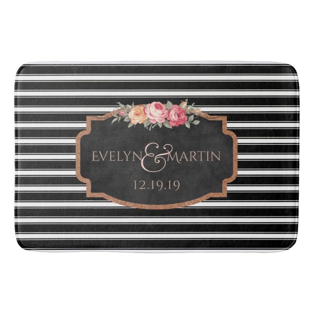 Wedding Monogram | Elegant Black Stripe Bath Decor Bath Mat (Front)