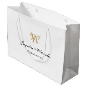 Wedding Monogram Elegant Chic White Gold Classy Large Gift Bag