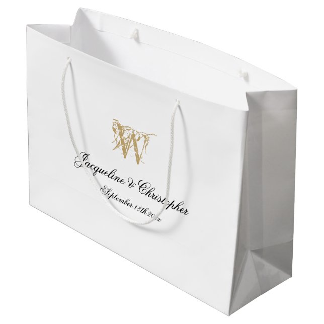  Wedding Monogram Elegant Chic White Gold Classy  Large Gift Bag (Back Angled)
