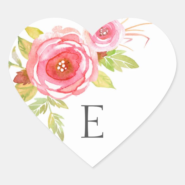 Wedding monogram envelope seals, pink floral 3605 heart sticker (Front)