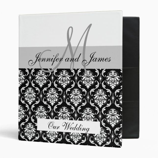 Wedding Monogram Grey Planning Damask Binder (Front/Inside)