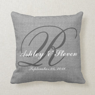 Wedding Monogram Grey Rustic Linen Look Throw Pillow