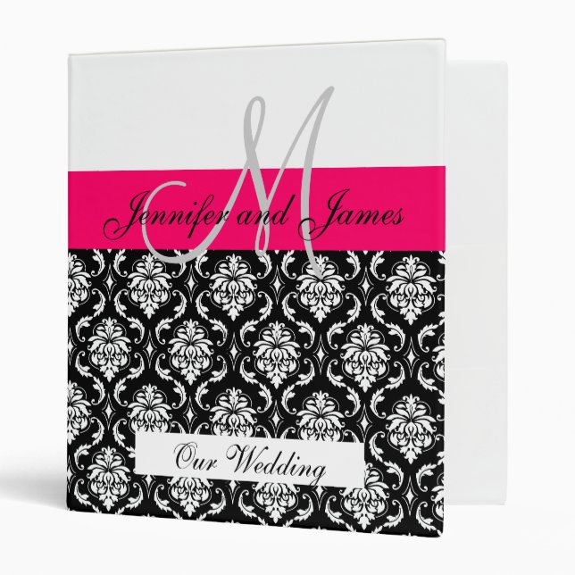 Wedding Monogram Hot Pink Planning Damask Binder (Front/Inside)