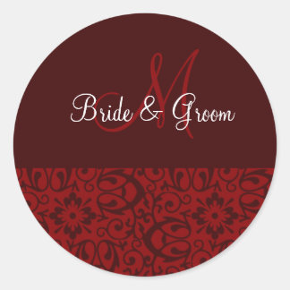 Wedding Monogram In Dark Red Classic Round Sticker