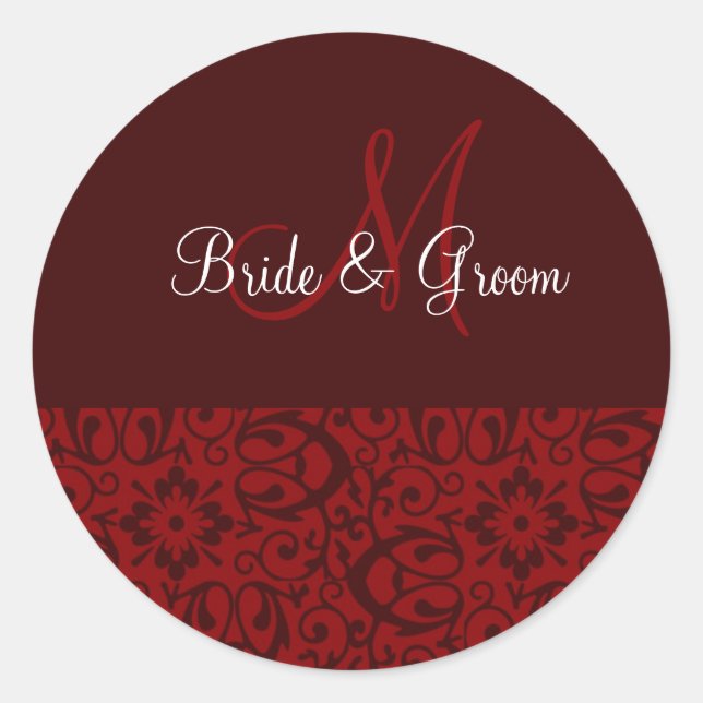 Wedding Monogram In Dark Red Classic Round Sticker (Front)