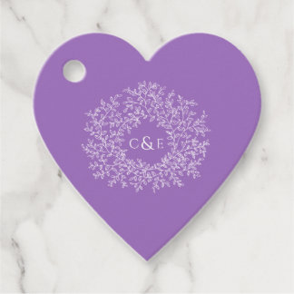Wedding monogram leaves purple white custom  favour tags