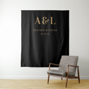 Wedding Monogram Minimalist Black Gold Tapestry