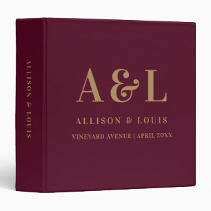 Wedding Monogram Minimalist Burgundy Gold Binder