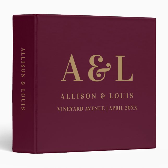 Wedding Monogram Minimalist Burgundy Gold Binder (Front/Spine)