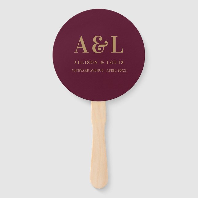 Wedding Monogram Minimalist Burgundy Gold Hand Fan (Front)
